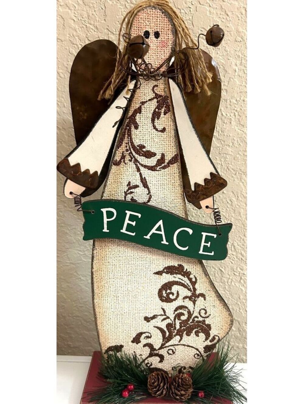 Rustic Christmas Angel 16" Burlap Metal Folk Art Holiday Figure